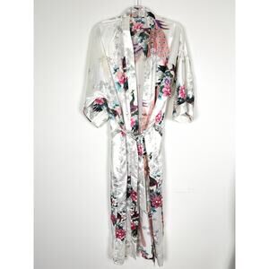 OLD SHANGHAi Satin Robe Kimono White Peacock & Blossom One Size